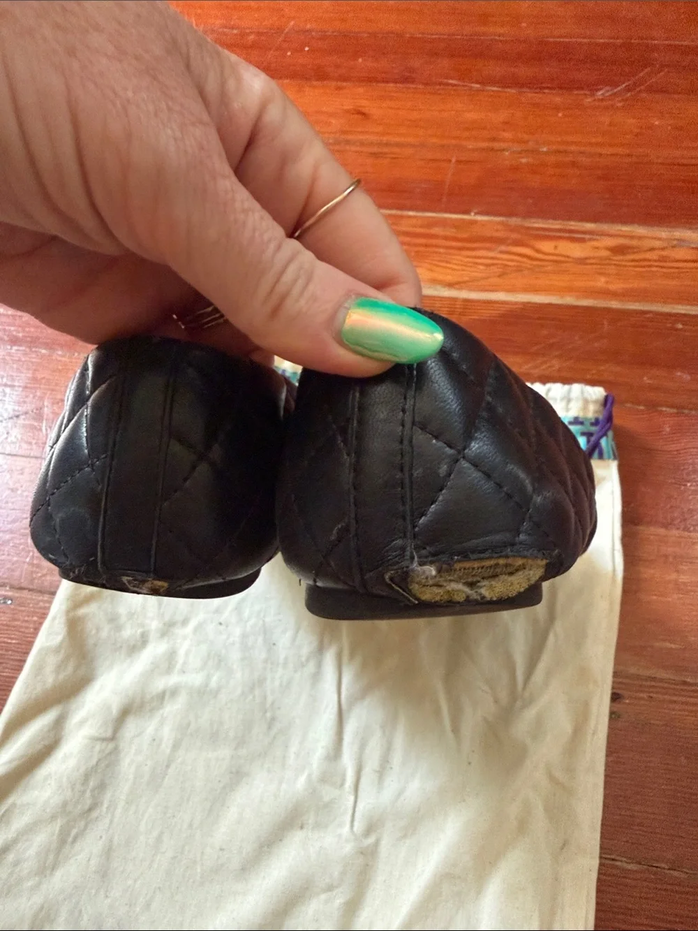 Tory Burch Black Quilted Leather Reva Flats with Gold Logo Medallion